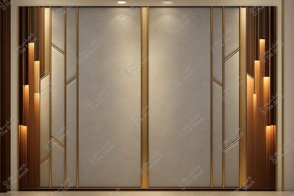 A modern wall panel featuring a simple and aesthetic design. The panels have a light beige color with thin gold frames and symmetrical vertical geometric lines. Soft lights on the sides highlight dark wood elements, adding a warm ambiance to the design.
