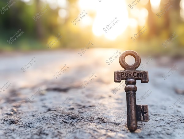 A small metallic key embedded in the ground, surrounded by bright sunlight in the background, creating a beautiful lighting effect. The key has a classic design with a circular loop at the top.