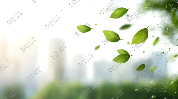 The image depicts a collection of fresh green leaves floating in the air. The background is blurred and indistinct, creating a sense of depth and movement, suggesting a distant natural or urban scene.