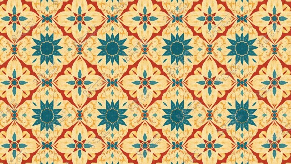 نمط مزخرف متعدد الألوان مكون من أشكال هندسية وزخارف زهرية باللونين الأزرق والذهبي على خلفية حمراء. التصميم متناظر ويكرر الأشكال الزهرية بمركز دائري محاط بأوراق حادة الأطراف.