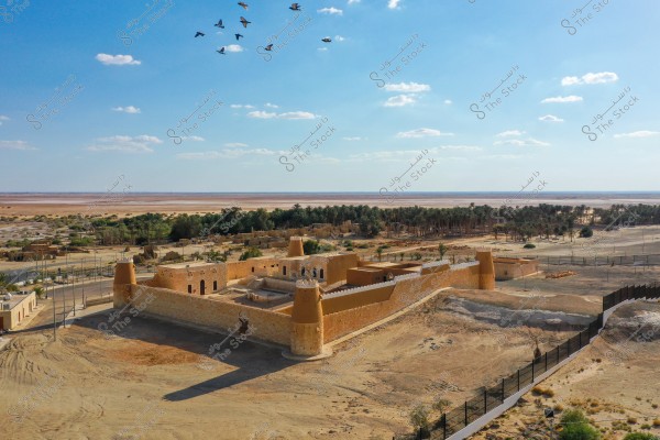 تُظهر الصورة منظرًا جويًا لحصن تقليدي مصنوع من الطين يقع في منطقة صحراوية. يحتوي الحصن على عدة أبراج دفاعية وجدران سميكة, تحيط به أرض مسطحة وجافة. في الخلفية, تظهر غابة من النخيل, وفوق الحصن, تحلق قافلة من الطيور في السماء الزرقاء مع بعض الغيوم المتناثرة.