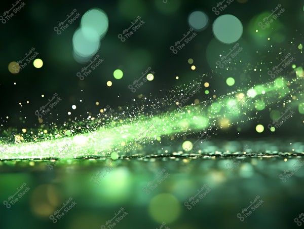 An abstract image featuring bright green lines extending diagonally across a dark background with various shades of green light bokeh. The illuminated particles resemble motion or a flow of energy.