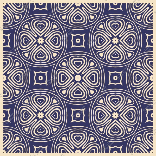 Geometric pattern with circular motifs and square shapes in purple on a cream background.
