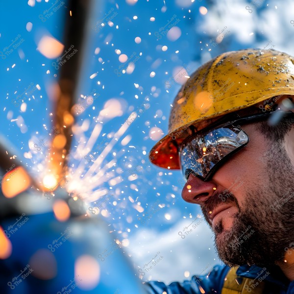 A close-up of a worker wearing a yellow safety helmet and protective goggles, with sparks flying from a welding operation. The blue sky in the background provides a striking contrast to the shimmering sparks.