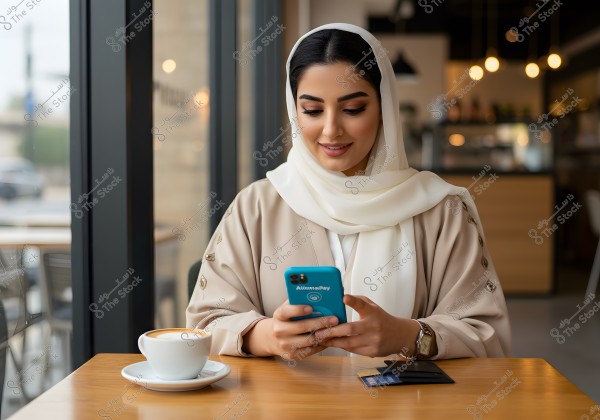 An image of a woman sitting in a café using a blue mobile phone. She is wearing a beige abaya and a white hijab. In front of her is a cup of coffee, with a wallet and a credit card on the table. The background shows part of the café with warm lighting.