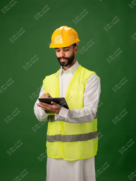 رجل يرتدي سترة عاكسة وخوذة صفراء يعمل على جهاز لوحي.