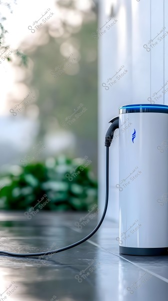 The image shows a modern electric charging station mounted on an exterior wall, with a glossy surface and blue lights on top. It features a charging connector plugged into a long electric cord, with blurred greenery visible in the background.