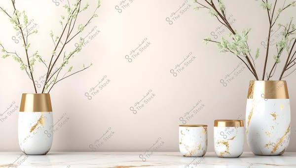 A modern and elegant vase made of white ceramic with a gold top, containing long branches with small white flowers. The flowers extend gracefully in various directions, creating a beautiful and serene visual. Several vases are placed side by side on a neutral surface, giving an elegant and simple appearance.