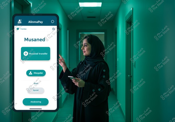 The image shows a woman wearing a black abaya and hijab, standing in a hallway with green lighting, holding a smartphone. She is pointing at a large digital screen displaying the \"AlinmaPay\" app with options like \"Musaned transfer\". The setting appears modern, possibly in Saudi Arabia, based on the overall ambiance and attire.