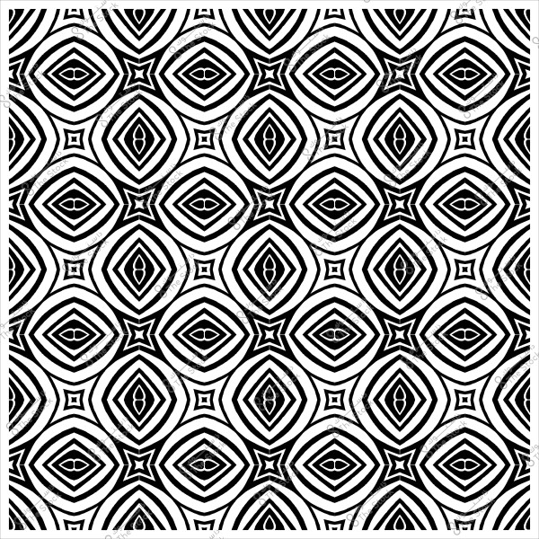 نمط هندسي أبيض وأسود مكون من أشكال دائرية وعينية في ترتيب متكرر.