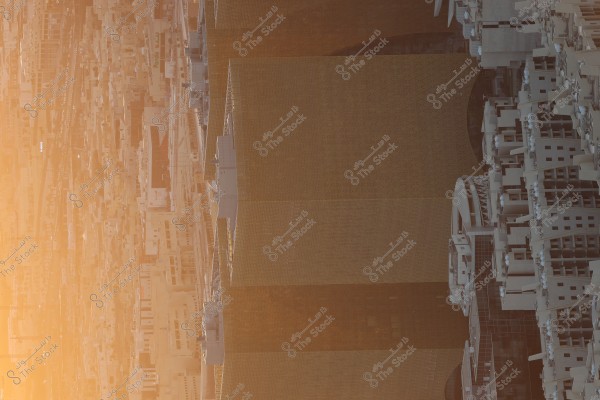 A top view of a densely packed city with tall buildings positioned closely together. A portion of modern architectural design is visible, featuring facades with geometric patterns on a prominent building. There is an orange glow on the left side of the image, possibly due to natural light or sunset.