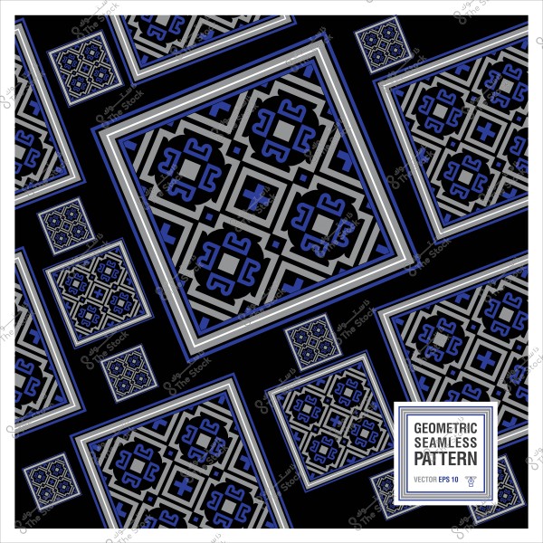 نمط زخرفي هندسي متكرر بألوان سوداء وزرقاء ورمادية مع تصميم معقد يتضمن مربعات ومثلثات.