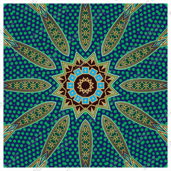 Colorful geometric pattern with traditional motifs in blue, green, and gold, featuring a distinctive circular design in the center.