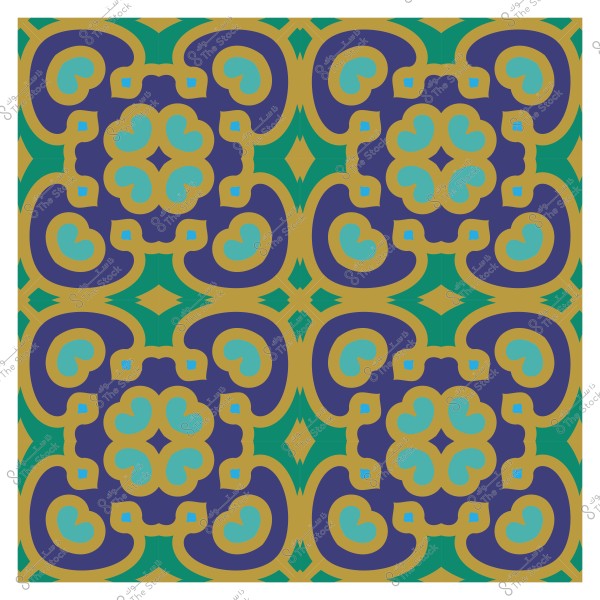 Symmetrical decorative pattern using geometric shapes in blue, green, and gold colors.