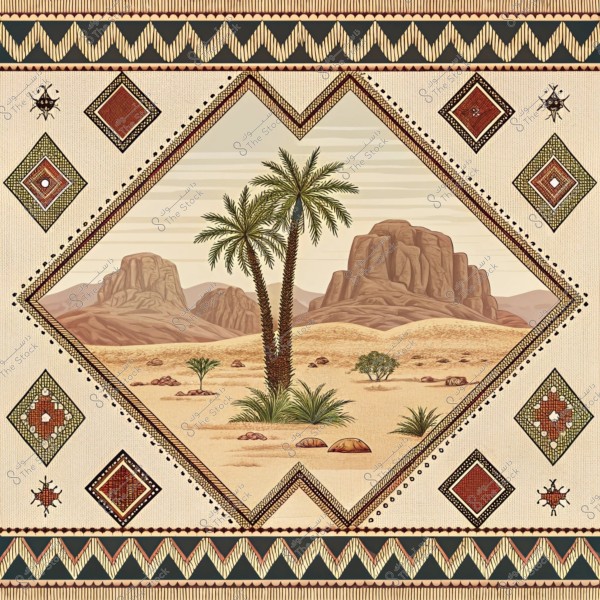 صورة زخرفية تتميز بتصميم مستوحى من التراث العربي, تُظهر نخيلتين في وسط مشهد صحراوي مع جبال في الخلفية. الإطار مزين بأشكال هندسية متعددة الألوان بازخراف تقليدية.