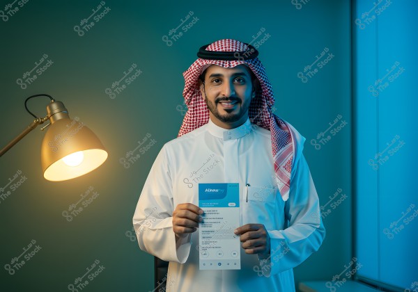 A portrait of a man standing and holding a document, wearing traditional Saudi or Gulf attire including a white thobe and a red and white ghutra and shemagh. A lit desk lamp is beside him, with a window in the background providing a soft blue light.