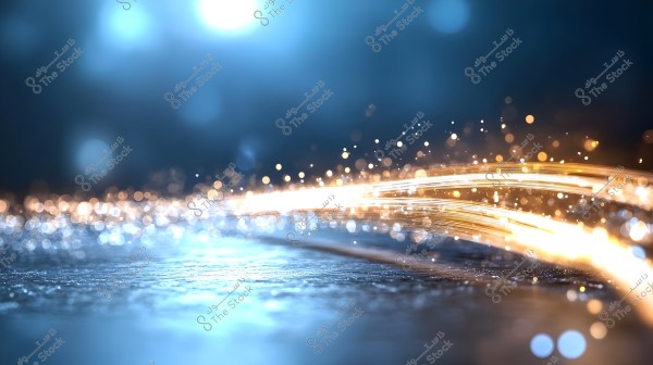 Glowing golden light trails extend across a dark blue gradient background. Small light dots are scattered, illuminating the scene and creating a magical, dynamic effect.