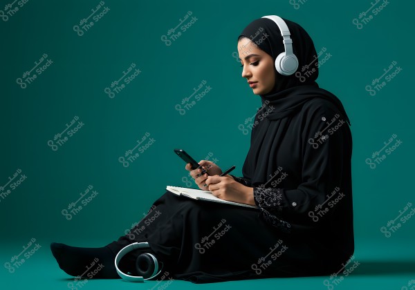 An image of a woman sitting on the floor wearing a black abaya with embroidered sleeves and a matching hijab. She is wearing white headphones and using a mobile phone while writing notes in a notebook. Large headphones are placed beside her on the floor, and the background is a dark green color.