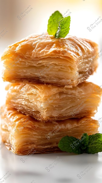 An image of baklava with three layers stacked vertically, showcasing the thin, layered pastry covered with a shiny golden glaze. Each piece is topped with a fresh green mint leaf. The background is softly lit, enhancing the focus on the dessert.
