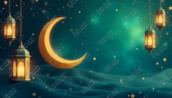 An image of a night sky with a dark blue background illuminated by sparkling stars and a large golden crescent in the center. Cloud-like waves flow downwards. Three traditional hanging lanterns, lit up, are distributed across the image, adding a warm glow and festive atmosphere.