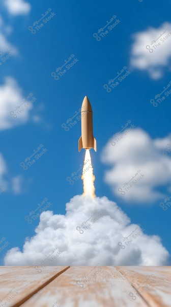 An image of a rocket launching into a blue sky with scattered clouds. The rocket is ascending rapidly, leaving behind white smoke resembling clouds at the bottom of the image. The base at the bottom is wooden.