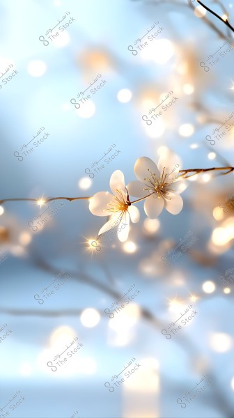 The image features beautiful illuminated white flowers connected to a slender branch, highlighting a nature theme. The background is blurred with glowing lights, adding a dreamy and serene effect, with light blue and bright white hues.