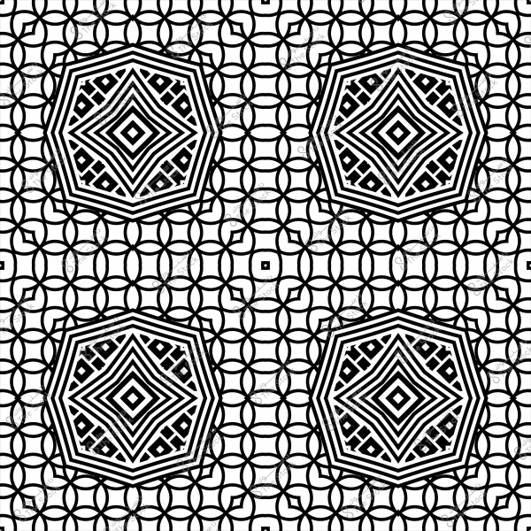 Geometric pattern in black and white featuring repeated polygons and interlocking circles.