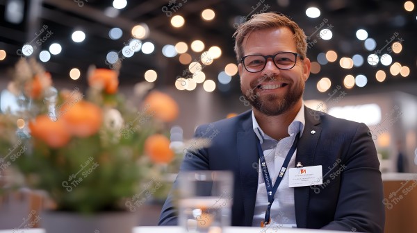 صورة لرجل يبتسم يرتدي نظارات وبدلة زرقاء وقميصاً أبيض. يجلس في بيئة تبدو كمؤتمر أو معرض مع أضواء غير واضحة في الخلفية تُضيف جواً من الحداثة. يظهر في مقدمة الصورة بعض الأزهار البرتقالية الغير واضحة وكوب ماء.