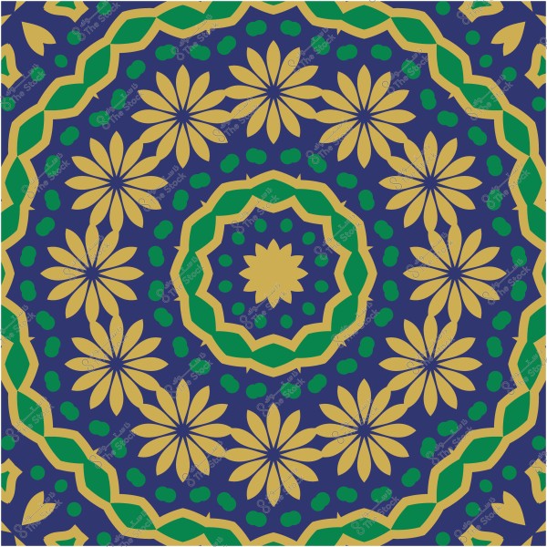 تصميم نمطي هندسي بألوان زرقاء وخضراء وصفراء, يحتوي على أشكال زهرية متناظرة ومتكررة تشبه الزهور مرتبة في شكل دائري مركزي, مع تفاصيل معقدة تبرز في الخلفية.

-