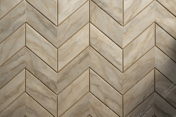 Image of a surface composed of tile with chevron patterns arranged in a zigzag manner. The tiles feature marble-like veins with varying shades of beige and gray, creating an elegant and artistic appearance.