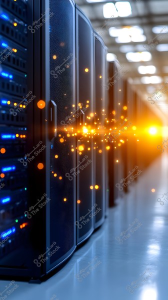 Image of a modern data center featuring a long row of neatly aligned servers. Blue and orange lights illuminate the server side panels, creating a high-tech atmosphere. In the background, a bright, warm radiant light shines beautifully.