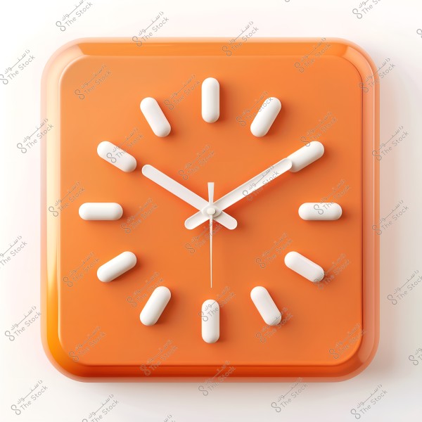 A square-shaped orange wall clock with rounded corners. The clock has large white oval hour markers and white clock hands. The design is simple and modern, set against a white background.