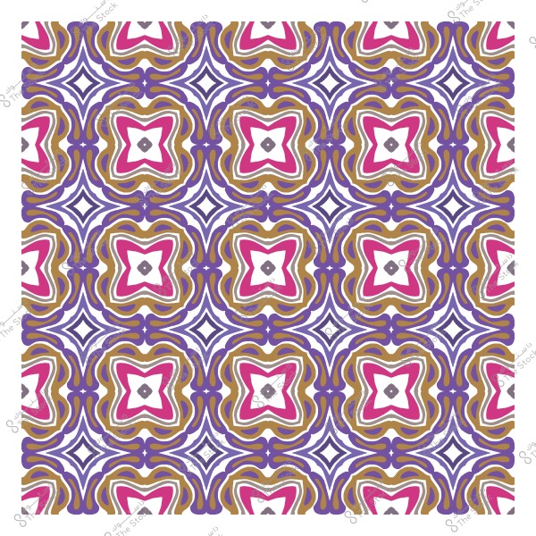 تصميم زخرفي متماثل بألوان البنفسجي والزهري والذهبي والأبيض.