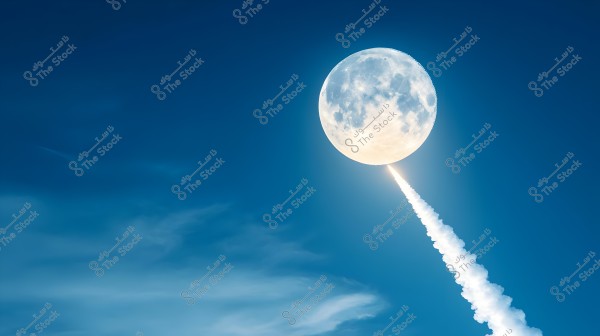 An image depicting a full moon in a blue sky with a white smoke trail resembling a rocket\'s path emerging from the moon, creating an intriguing visual illusion. Light clouds are present in the surrounding sky.
