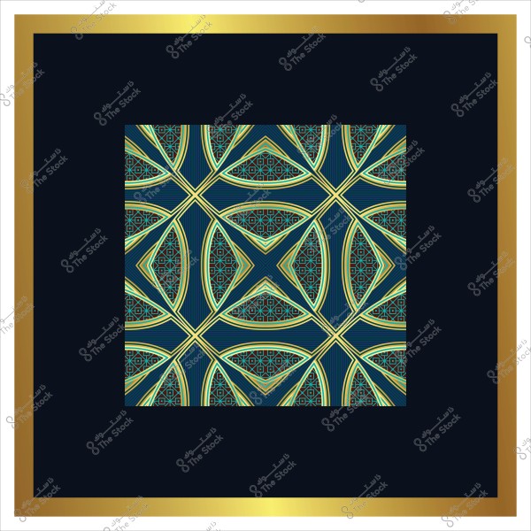 تصميم هندسي إسلامي بألوان زرقاء وخضراء داخل إطار ذهبي.