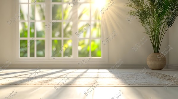 A bright room with sunlight streaming through a large multi-paned window. On the right side, there is an indoor plant growing in a large round pot placed on the floor, which is covered with a light-colored patterned rug.