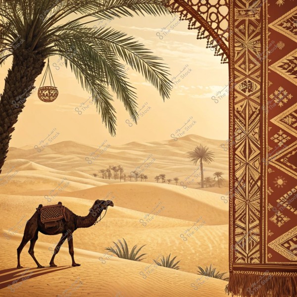 مشهد صحراوي يظهر جمل يمشي عبر الكثبان الرملية الذهبية. يظهر في الخلفية نخيل متناثر على طول الأفق البعيد مع سماء صافية وصحراء مترامية الأطراف. على يسار الصورة, هناك نخلة تبرز جزئياً منها, وعلى يمين الصورة هناك قماش مزخرف بتصاميم عربية تقليدية.