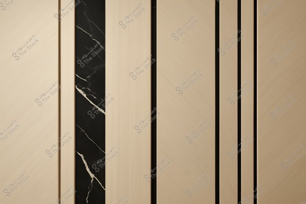 Abstract pattern of a decorative wall consisting of vertical panels in beige and black colors. A black strip with white veining is positioned between beige panels, creating a striking contrast and adding a modern touch to the design.