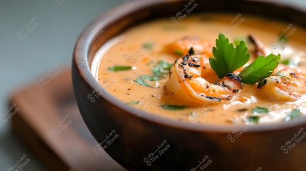 An image of food in a wooden bowl showing creamy soup with pieces of grilled shrimp garnished with fresh parsley leaves. The soup has a light orange color with specks of herbs and spices.