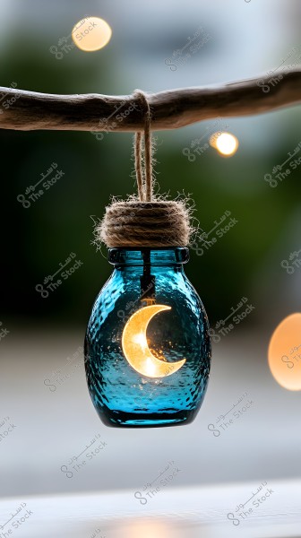 An image of a blue glass jar hanging by a rope from a wooden branch. Inside the jar is a light in the shape of a glowing crescent moon. The background is blurred with circular light spots, creating a serene atmosphere.