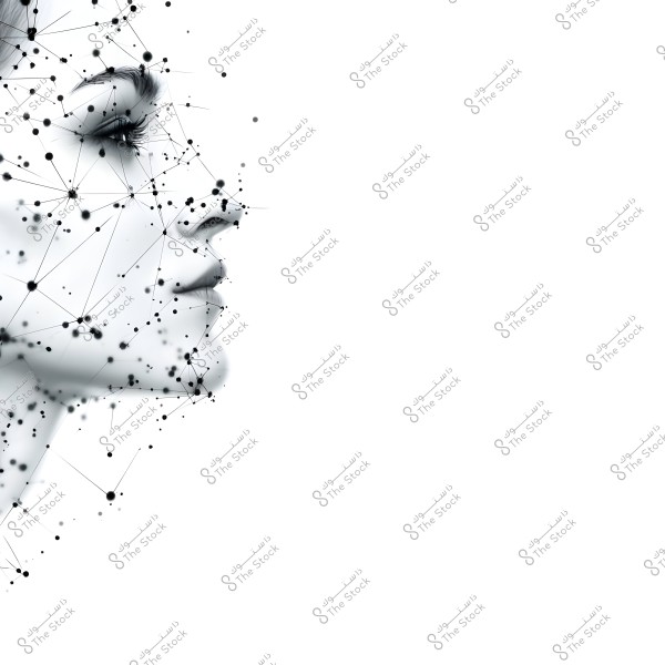 An abstract image of a human face composed of dots and connecting lines, highlighting facial features like the nose, lips, and eye against a white background. The face appears to gradually disintegrate into a network of dots and lines.
