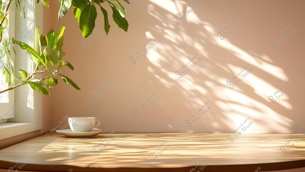 A white coffee cup on a white saucer placed on a wooden surface next to a window. Sunlight streams in from the window, casting shadows of green leaves on the beige wall in the background, creating a calm and beautiful ambiance.