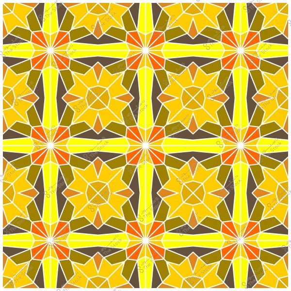 تصميم هندسي إسلامي يتضمن نمطًا مكررًا من الأشكال الهندسية باللون الأصفر والبرتقالي والبني, يمثل أزهارًا معقدة وأشكالًا نجمية, تميز بالخلفيات البيضاء والتفاصيل الدقيقة بنمط متناظر.

-