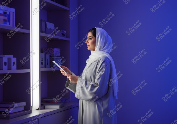 A portrait of a woman wearing a gray abaya and a white headscarf, standing in a room illuminated with blue tones, holding a tablet. Behind her are shelves with boxes and books. The clothing suggests a possible Saudi origin.