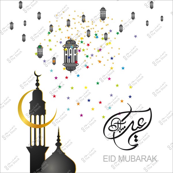 تصميم يعبر عن عيد مبارك يحتوي على فانوس إسلامي وهلال وزخارف نجوم ملونة.