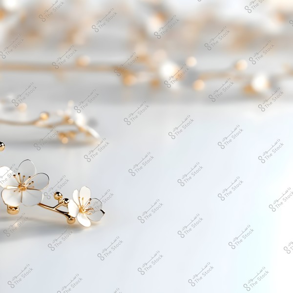 An image featuring small white flowers on golden branches placed on a smooth white surface. The background is blurred with a similar pattern of flowers and branches, creating a sense of calmness and purity in the design.