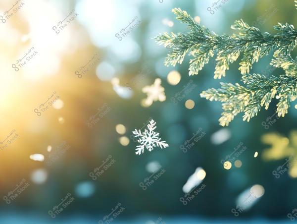 The image features green pine tree branches covered with snowflakes on the right, with a single snowflake floating in the middle of the image. The background shows soft sunlight and bokeh lights blending with the cold winter scene, giving a warm feeling despite the chilly atmosphere.