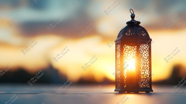 A decorative metal lantern illuminated in the center of the image, with a sunset sky featuring orange and yellow hues in the background. The lantern displays intricate eastern details, casting a warm glow on the surrounding surface.