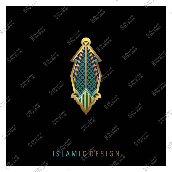 تصميم زخرفي إسلامي مع تفاصيل هندسية مذهبة وبألوان زرقاء وخضراء على خلفية سوداء.