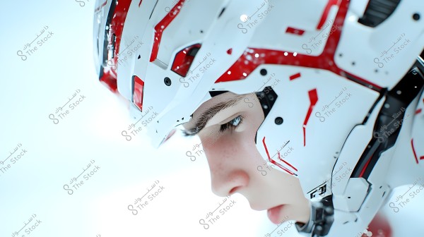 Image of a person wearing a white helmet with red and black futuristic details. The helmet features geometric designs and sharp lines. The background is white, highlighting the sleek and technological appearance of the helmet.